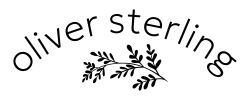 The text "Oliver Sterling" arching over an illustrated cedar leaf in black and white.